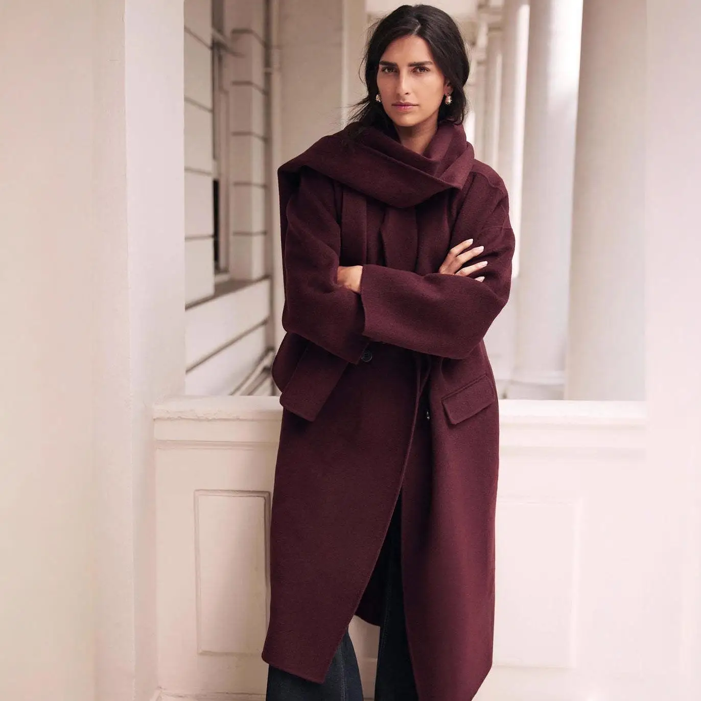 

Winter Warm Woolen Coat Double Breasted Commuter Sle Faionable Long Sve Pure Color PU Material Women's Outerwear