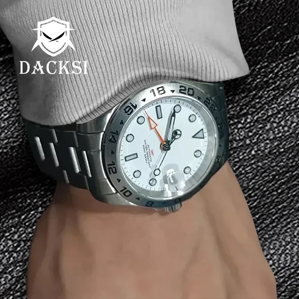 DACKSI Stainless Steel 39mm NH34A GMT Function Dress Automatic Wristwatch for Men Sapphire Glass Black Dial Date Screw Crown Etc