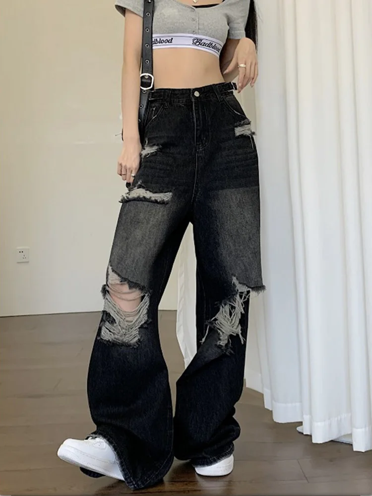 

American Style Vintage Women Ripped Denim Pants Straight Loose Casual Wide Leg Jean Trousers Female High Street Hip Hop