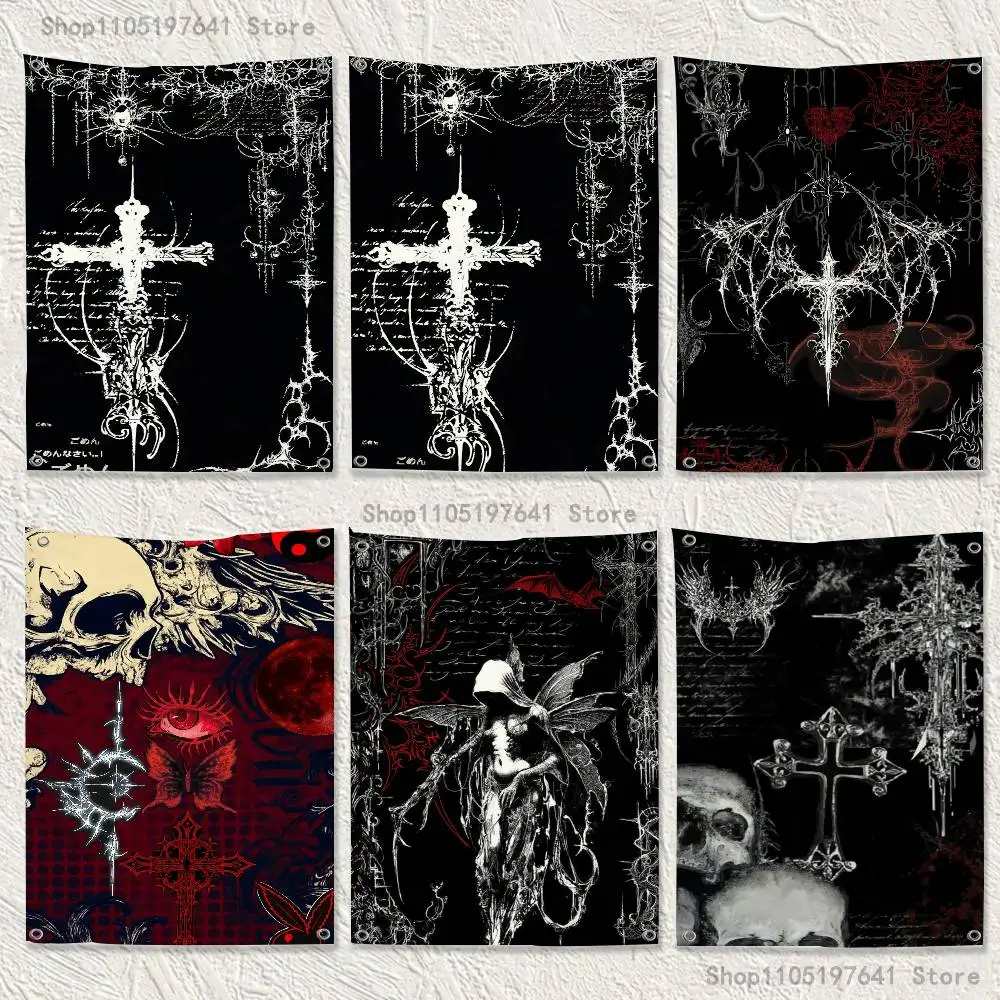 Gothic Cyber Sigil Cross Eyes Skull Flag Tapestry Banner For Bedroom Outdoor Living Room Restaurant Bar Wall Decor Party