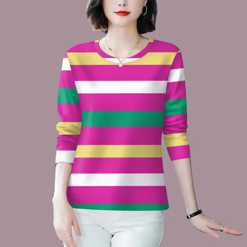Mom Stripe Long Sleeve T-Shirt Women's Bottoming Shirt Belly Covering Trendy Commute Style Loose Fit Printed round Neck Top