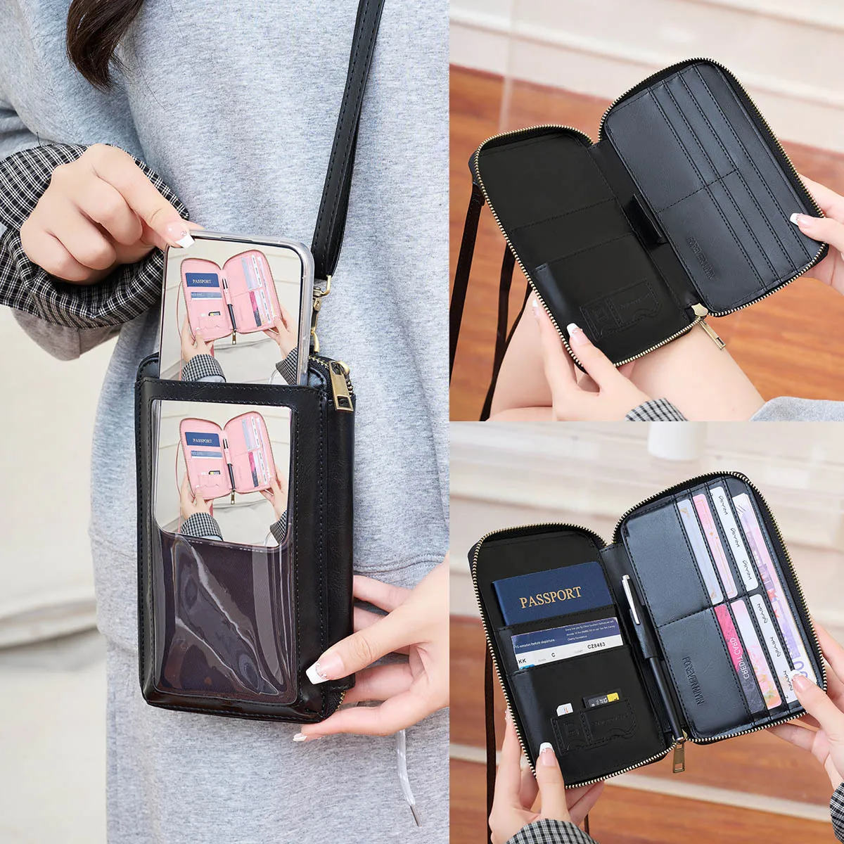 

RFID touch screen mobile phone storage, multi-functional passport, wallet, document, ladies' versatile crossbody bag
