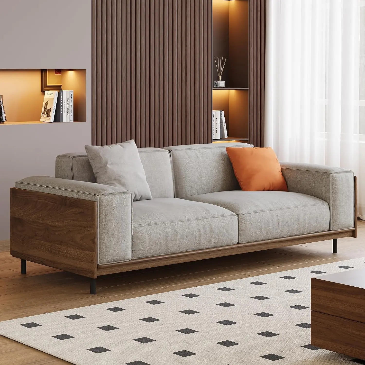 64.56" Mid-Century Modern Grey Fabric Sofa Couch, 2-Seater, Customized