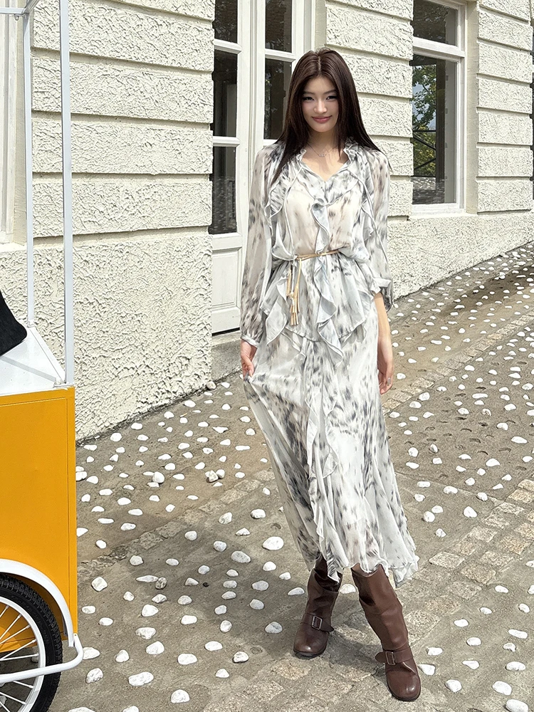 

Faionable Heavyweight Leopard Print Long Sve irt And Asymmetrical f Skirt Set Women's Premium Outfit High Waist