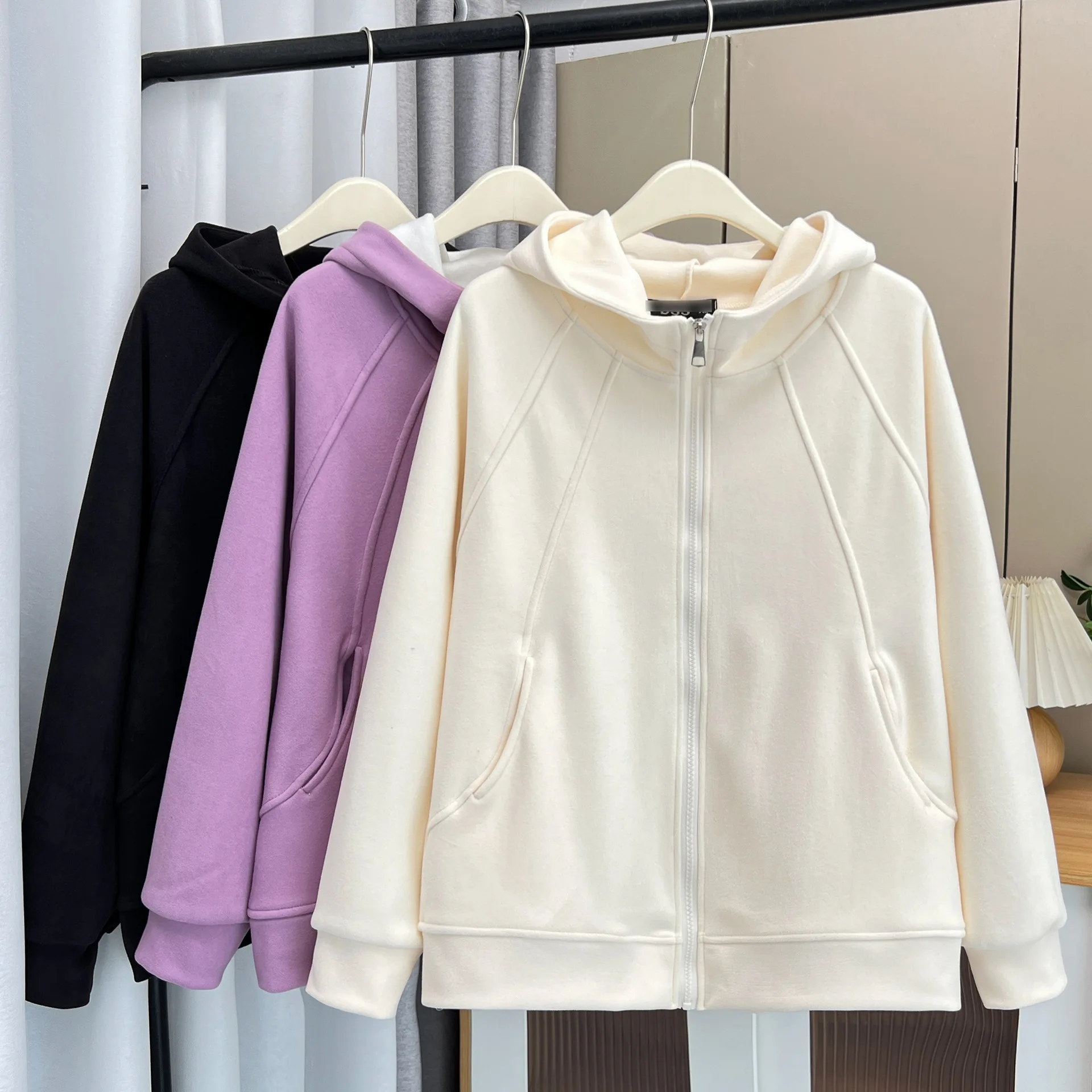 XXL Women's Fleece-lined Hoodies Autumn New Loose With Hooded Casual Zipper Coat 015