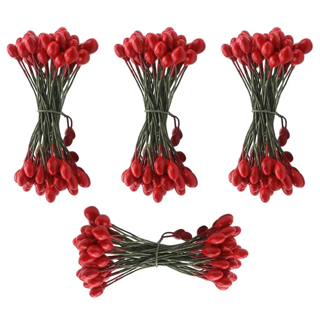 Bayas artificiales con doble cabeza, 2-6 piezas, 200 piezas, para manualidades, Rojo