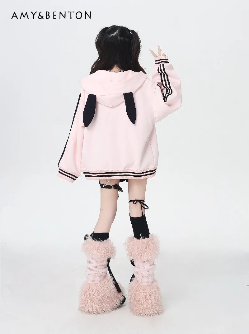 Cute Cartoon Print Kawaii Patchwork Color Hoodies Women Autumn New Preppy Style Sweet Loose Versatile Zipper Sweatshirt Students