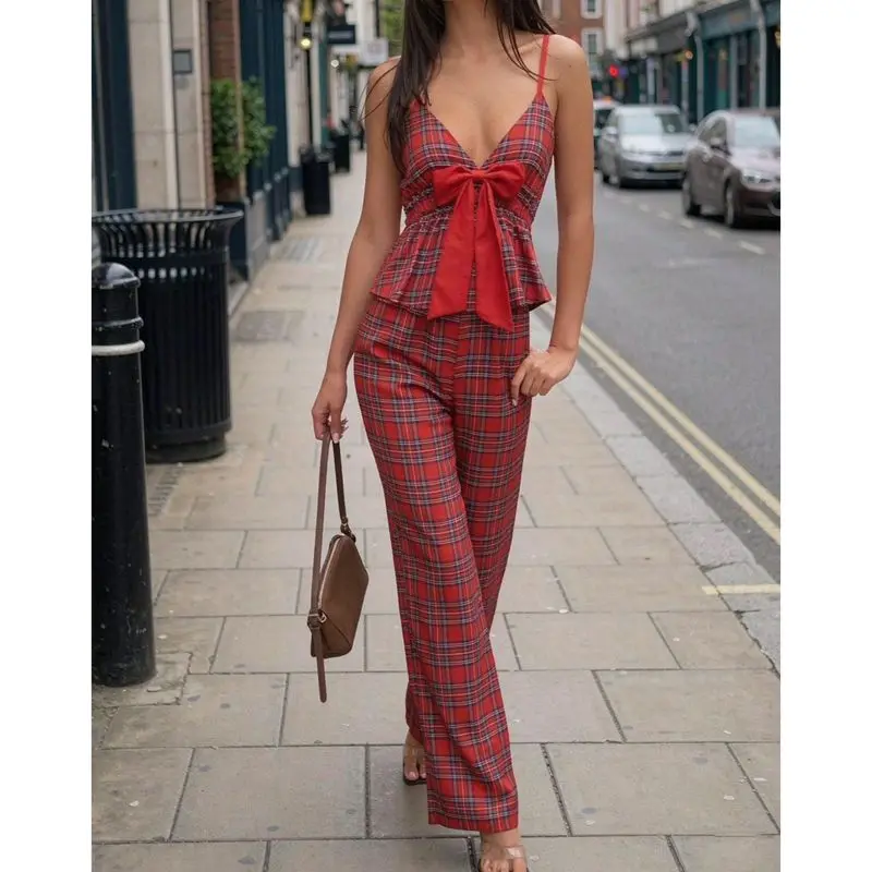Women's Christmas Costumes Outfits Plaid Print Spaghetti Strap Ruffle Hem Bow Tied V-Neck Babydoll Tops and Long Pants 2Pcs Set - view 6