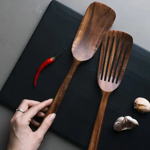 Teak Spatel Set med 2 Träspatel För Matlagning Nonstick Köksredskap Långt Handtag Värmebeständigt Spårad Vändverktyg 10 best sales träskedsset - №7