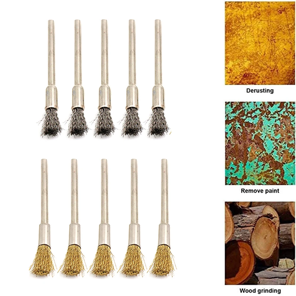 Rotary Tool Wire Brushes 10pcs Stainless Steel and Brass for Burr Removal Rust Removal and Metal Cleaning 3mm Shank
