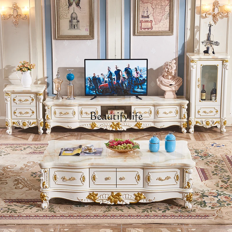 Marble European-Style Solid Wood Tea Table White Gold-Painted Living Room Luxury Tea Table