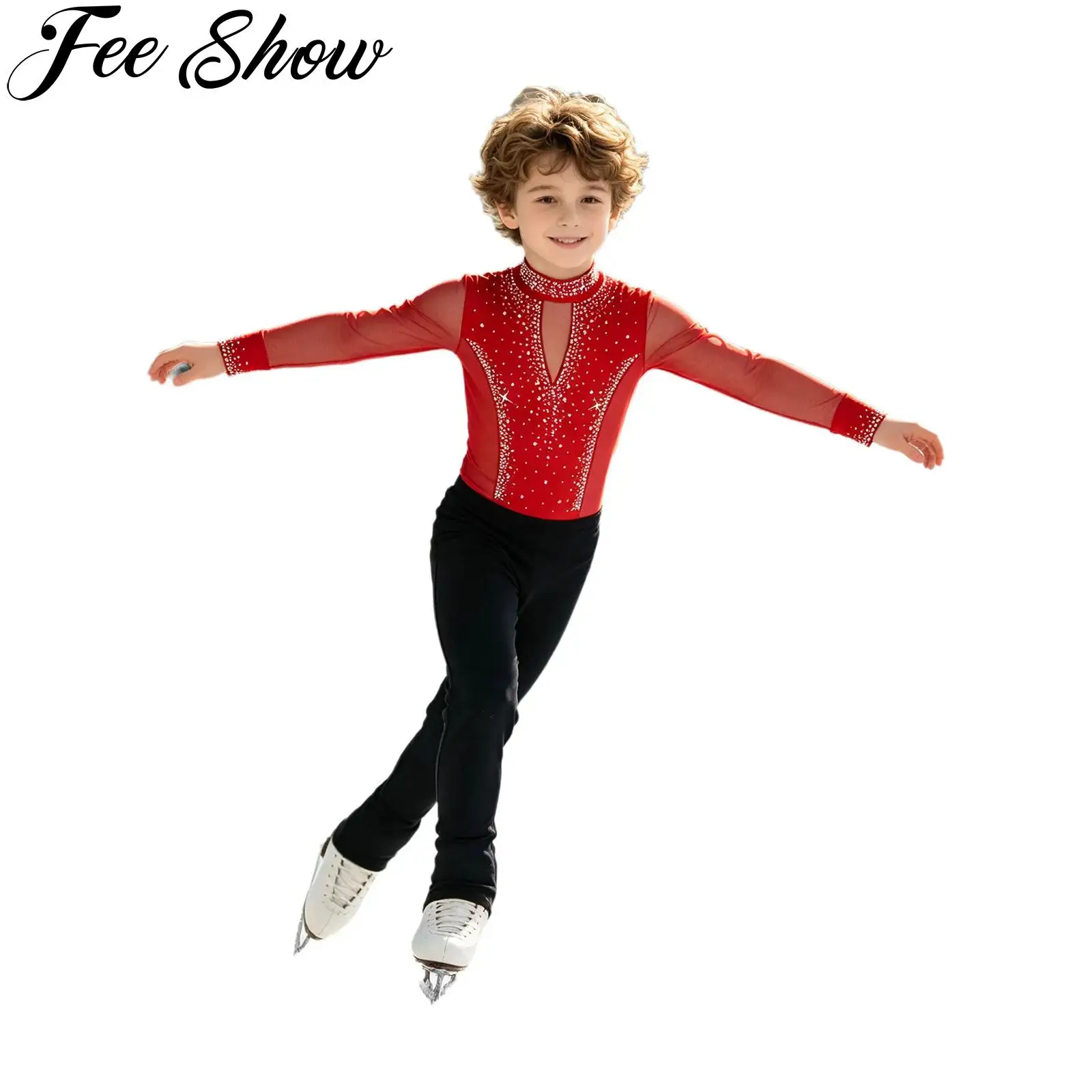 Kids Boys Figure Skating Ballet Gymnastics Costume Long Sleeve Mesh Shiny Rhinestone Latin Tango Samba Dance Leotard Bodysuit