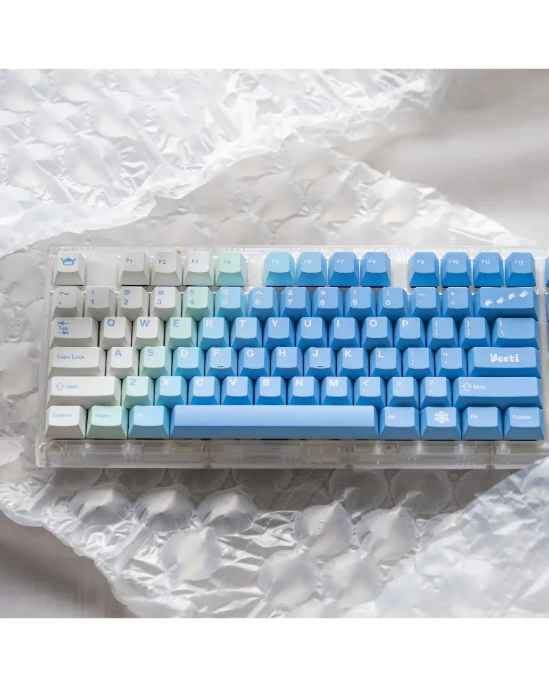 White and light blue gradient pbt dye sub keycaps full set oem profile for mechanical keyboards