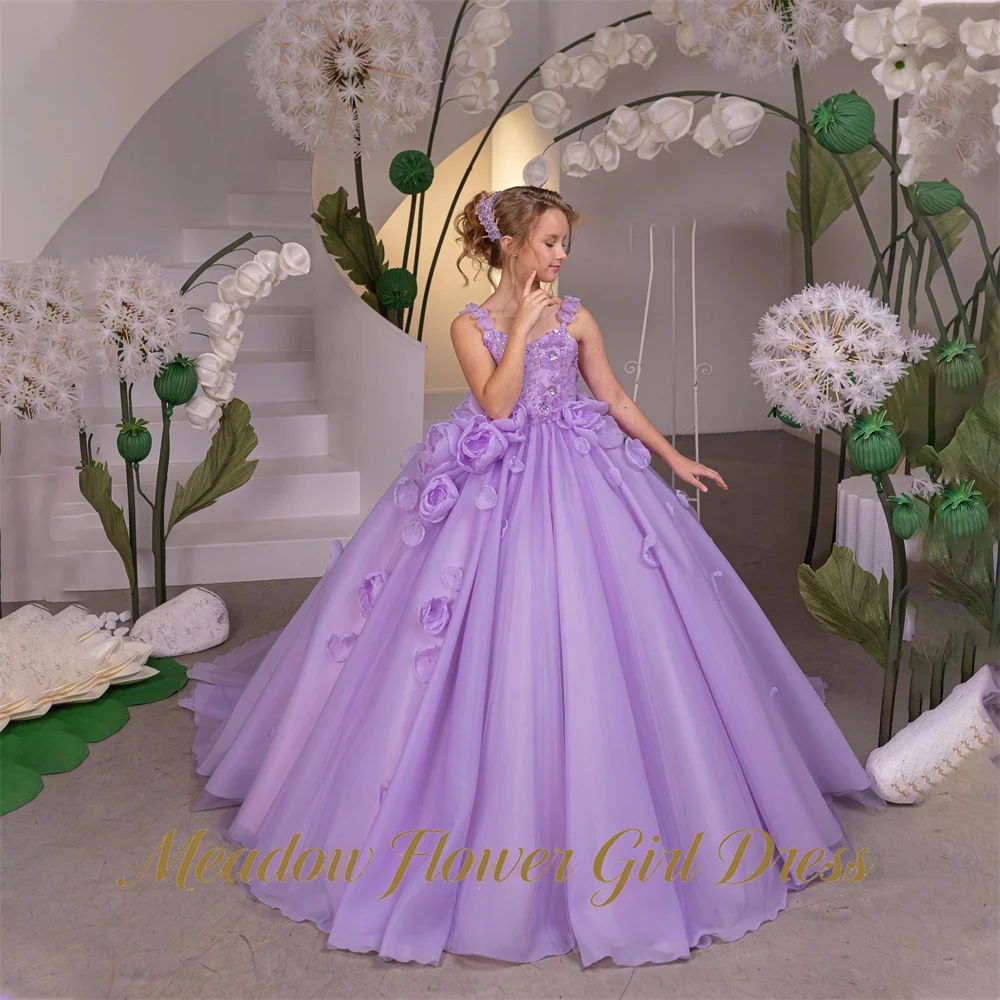 Meadow Lavender Princess Girls Dress V Neck Spaghetti Strap Ball Gown Party Tutu Dresses Rhinestone Embroi Tutu Fluffy Prom Gown