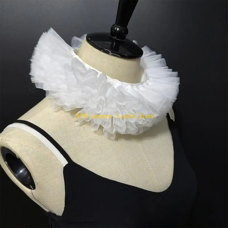 Q39C Classical White Ruffled Mesh Faux Collar Tulle Neck Ruff Clown Choker For Cosplay Costumes Themed Parties And Dress Up