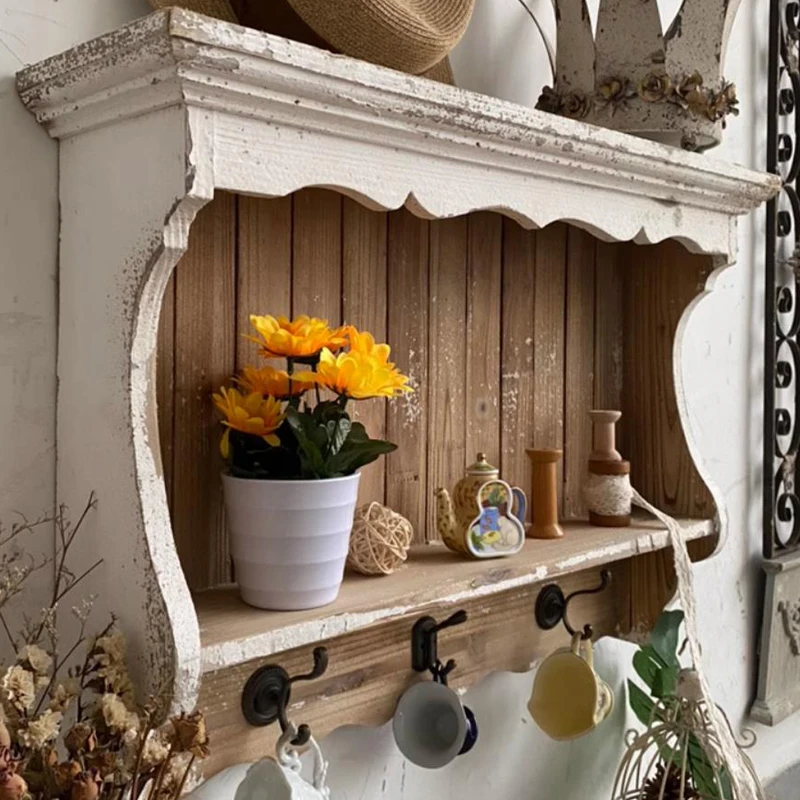 Decorative French Country Chic Vintage Wood White Wall Shelf with Hooks