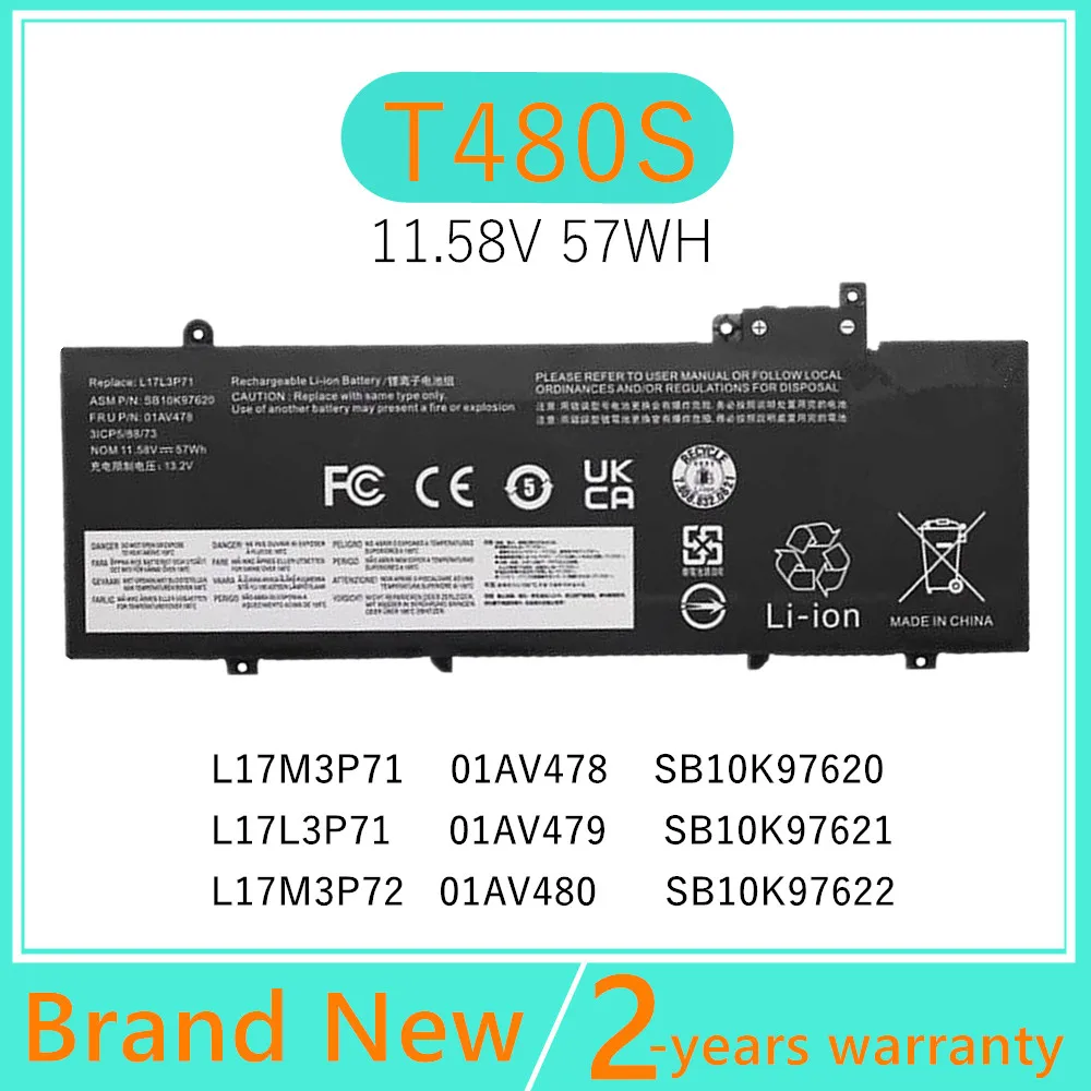 

Laptop Battery For Lenovo ThinkPad T480S Series L17M3P71 01AV478 L17L3P71 01AV479 L17M3P72 01AV480 SB10K97620 SB10K97621