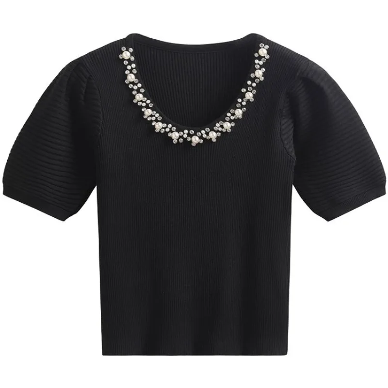 

Fashionable Pearl Women's Pullover, Commuting, Simple Short-sleeved T-shirt, Summer Thin, Comfortable Fine Wool Sweater