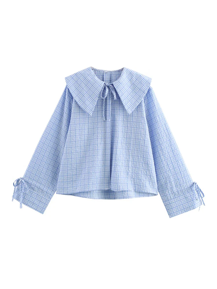 

European and American style women's clothing new fashion trend simple versatile plaid lace baby collar long-sleeved shirt