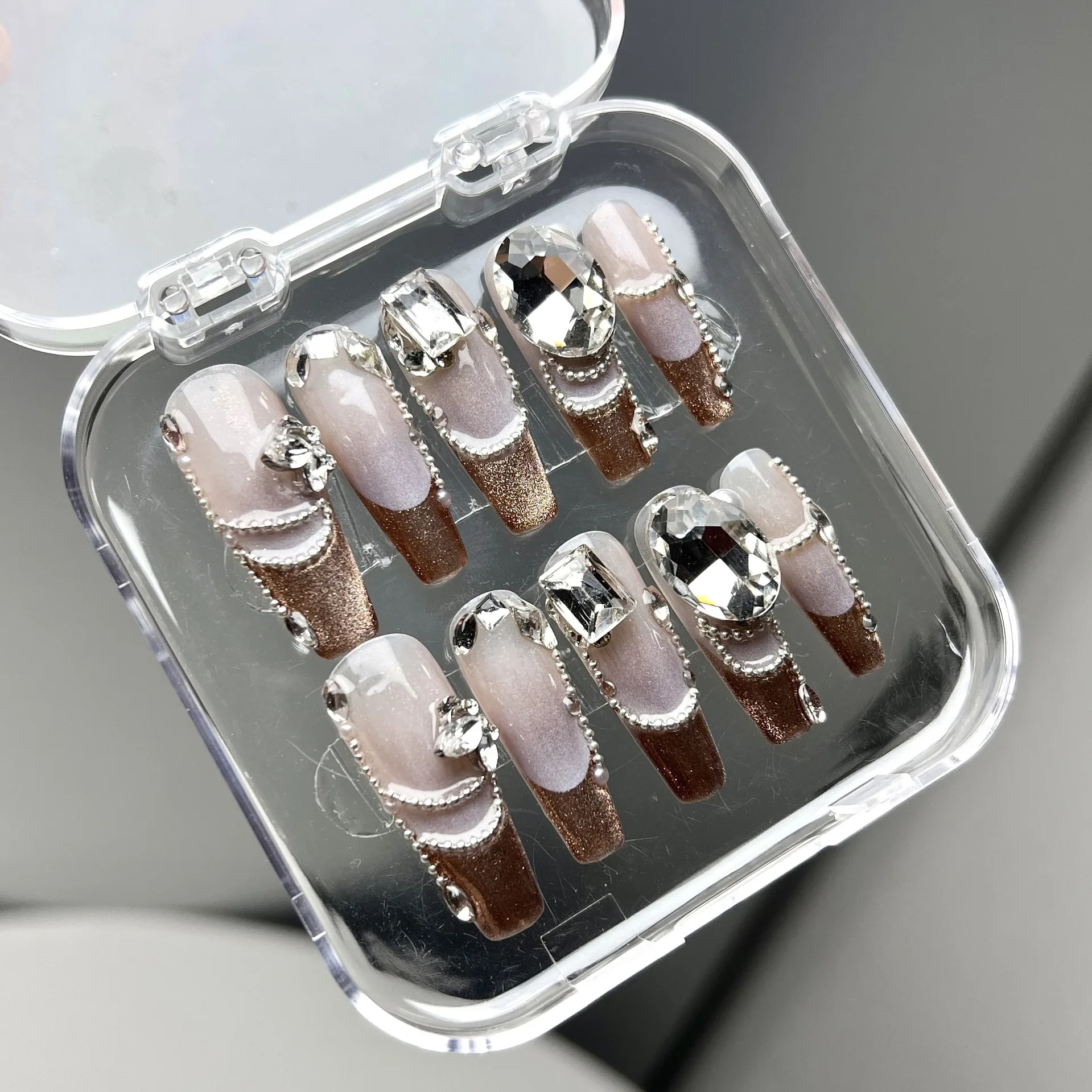 New Design Luxury Personality Coffin Bling Diamond  coffin new cat-eye French tip manicure DIY Press On Acrylic Nails