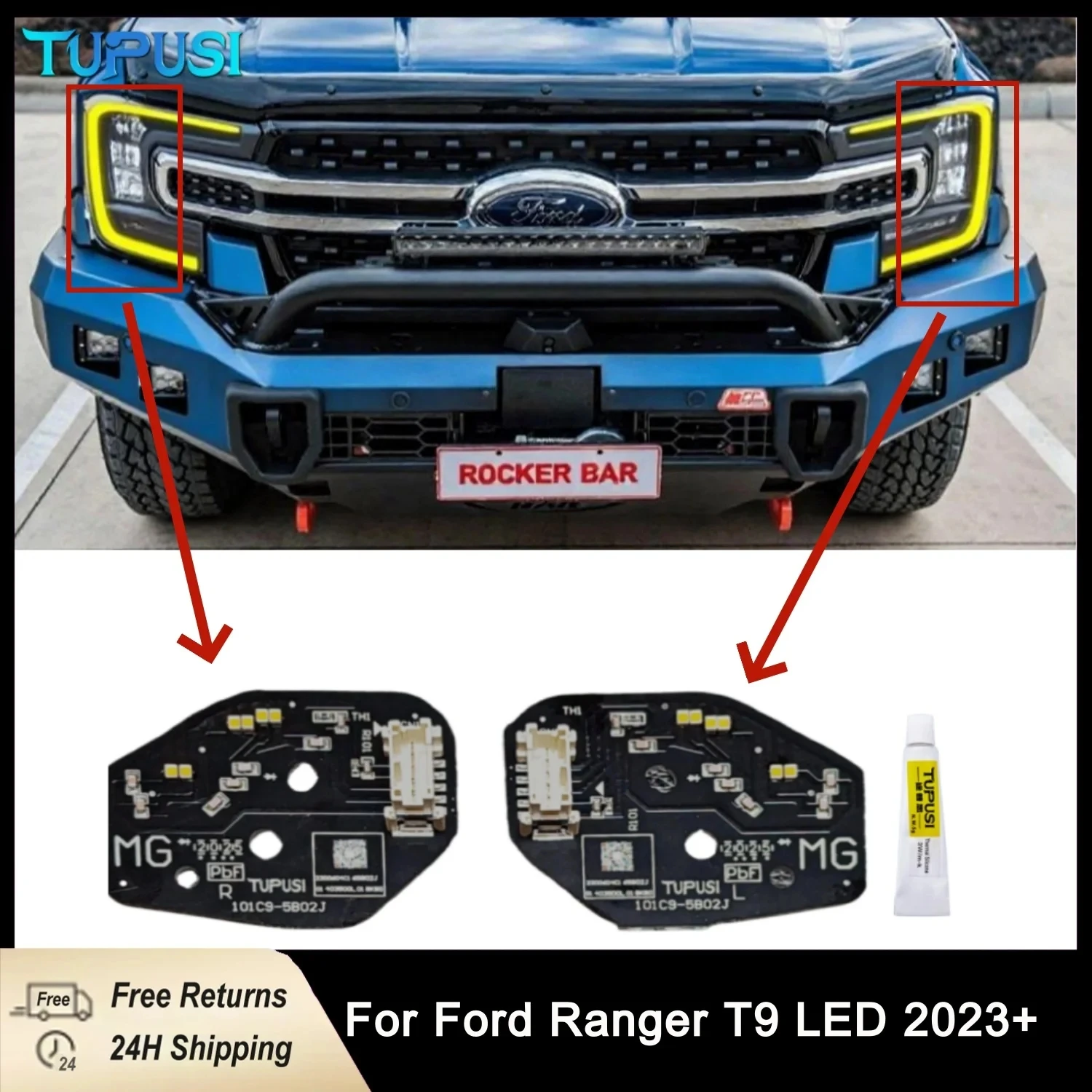

Amber & Yellow DRL Module Front LED Projector Headlights Frame Color Changing Replace For 2023 2024 Ford Ranger Lariat Raptor T9