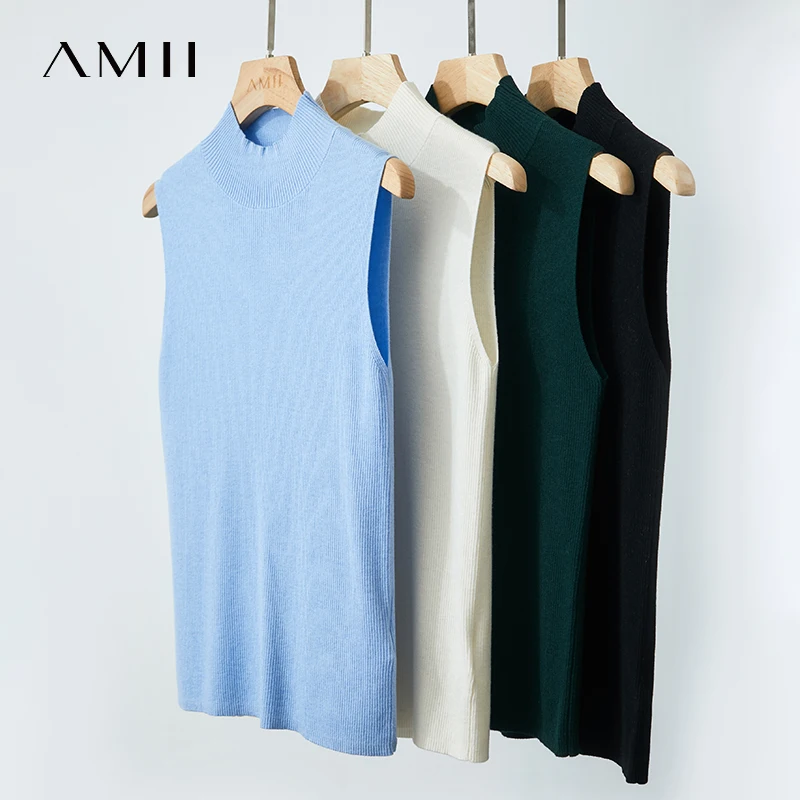 AMII Autumn Casual Sweater for Women 2025 Solid Mock Neck Sleeveless Pullover Lady New Fashion Slim Fit Sweaters Female 12541027