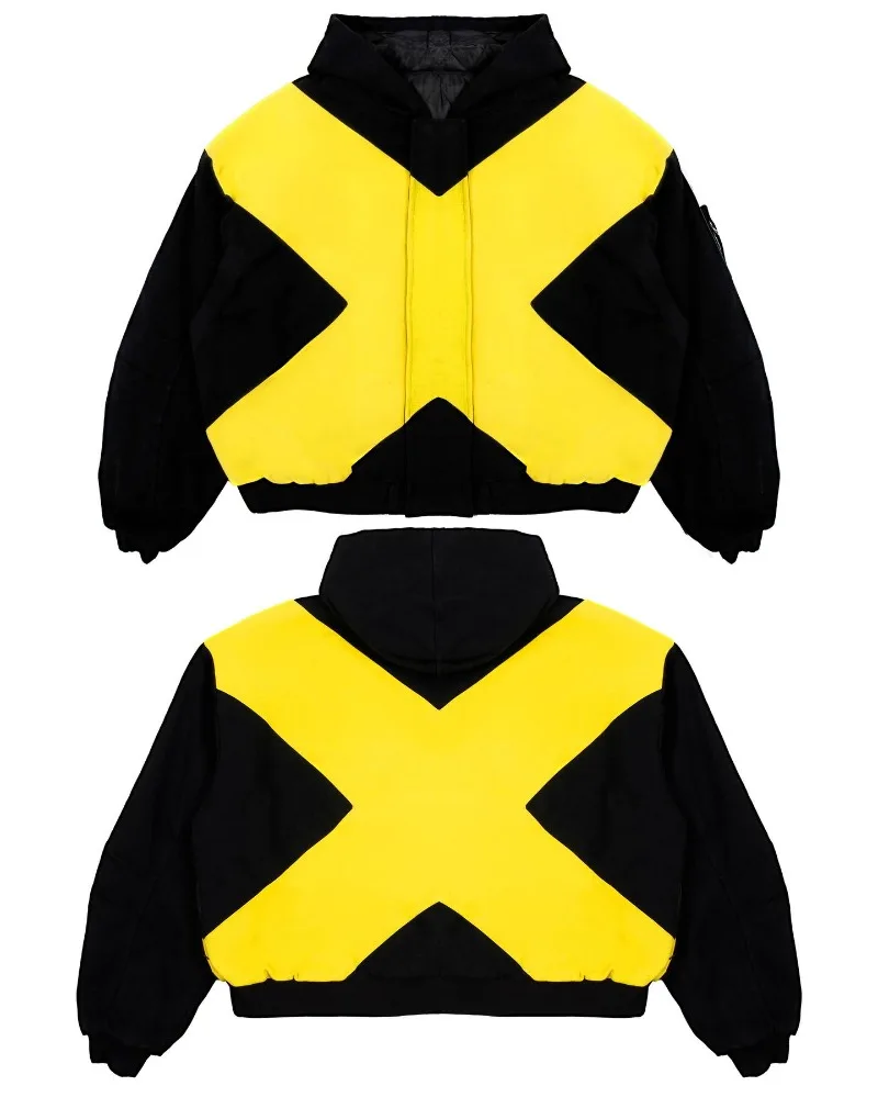 2026 American fashion brand black and yellow cross-shaped jacket high street style loose stand-up collar zipper cardigan jackett view 3