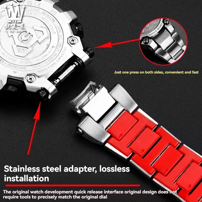 Pasek do zegarka ze stali nierdzewnej z mechanizmem szybkiego uwalniania dla Casio MTG-B3000 MTG B3000 seria smocza łuska wzór stalowy pasek z łączem końcowym mężczyźni