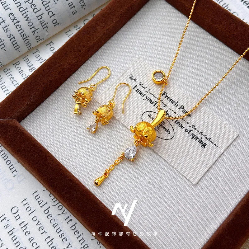 

9999 24K Real Gold Retro Palace Style Brushed Diamond Water Drop Orchid of the Valley Pendant Necklace Earrings High-end Set