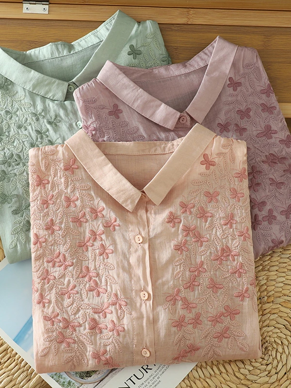 كتان مطرز غير رسمي irt رقيقة ort Sve بدوره إلى أسفل طوق زر متابعة المرأة حجم كبير الصيف irt الفني Sle #5