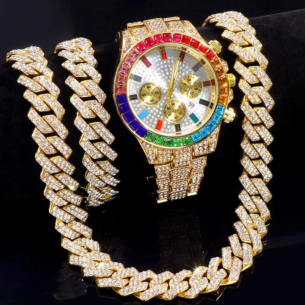 Hip Hop Men Women Watches Iced Out Necklace+Watch+Bracelet Set Bling 2 Row Prong Cuban Link Chain Necklace Hiphop Jewelry