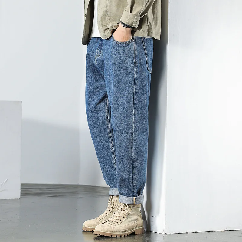 High quality long baggy jeans for men plus size light wash cotton denim vintage casual trousers new 2024 clothing - blue