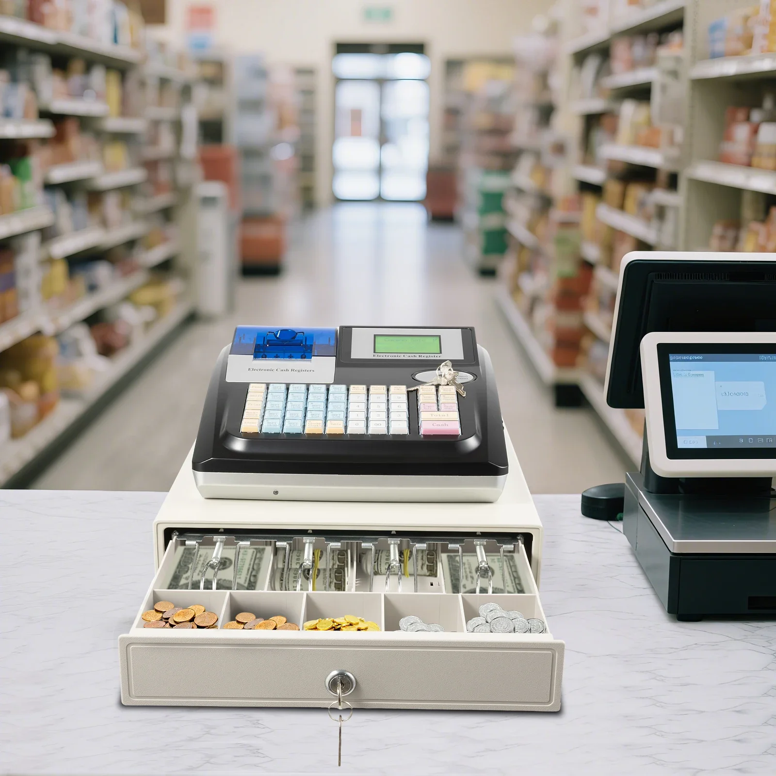 نظام POS موفر للطاقة بقدرة 35 وات، ماكينة تسجيل النقود السوداء مع شاشات مزدوجة، طابعة الإيصالات الحرارية لإدارة المتجر