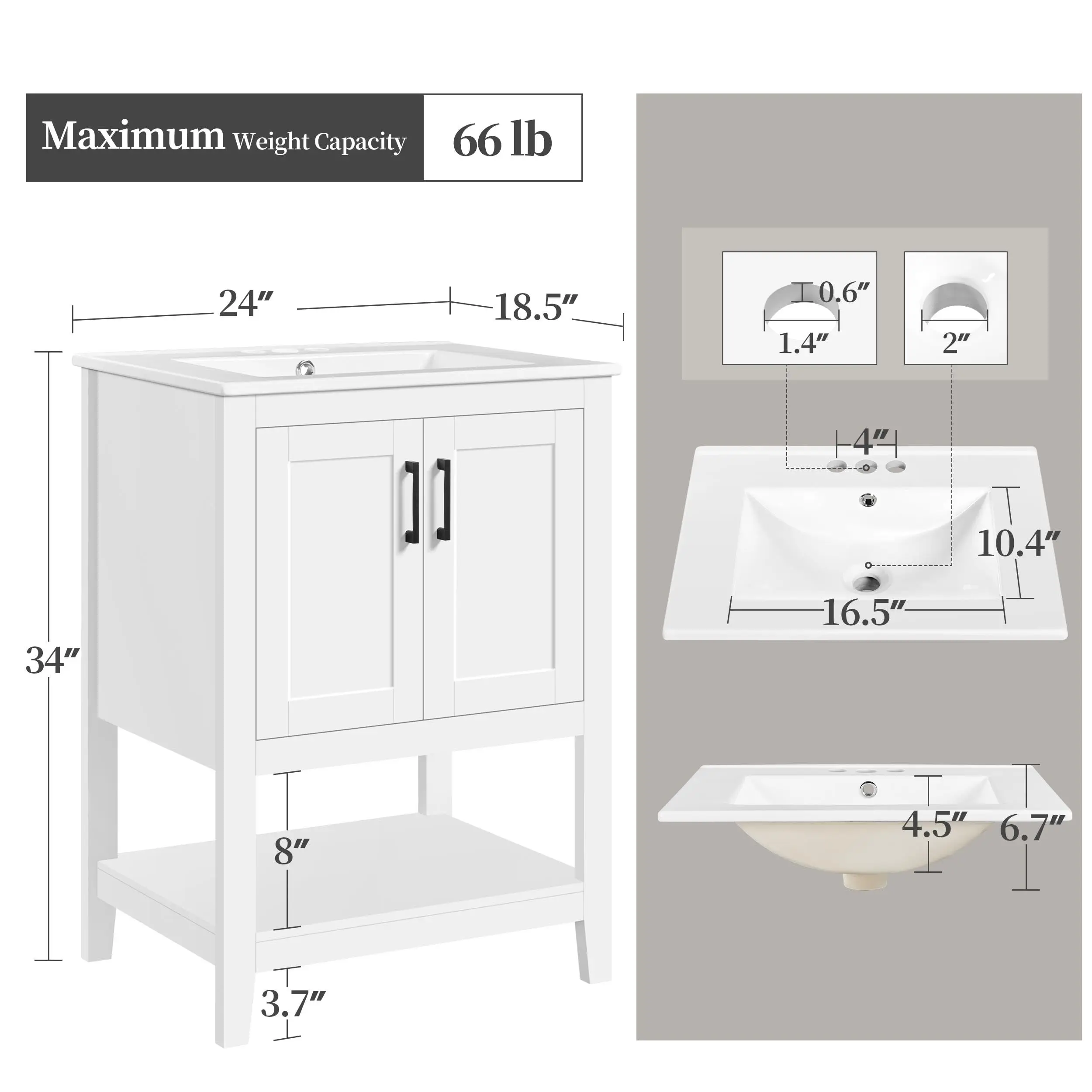 24 Inch Freestanding Bathroom Vanity with Ceramic Sink, White