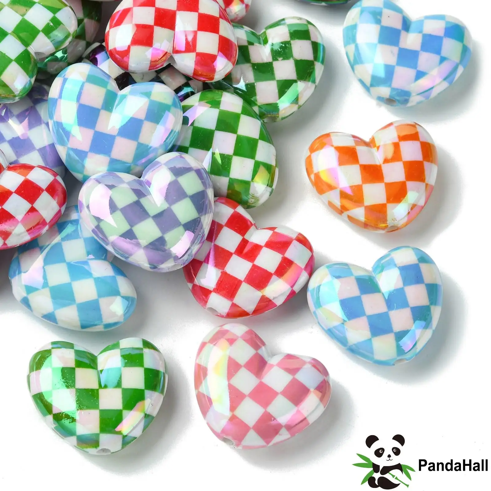 PandaHall  30pcs Random Plated Heart Beads Colorful Grid Heart Beads Valentine's Day Heart Beads for Jewelry Making Bracelets