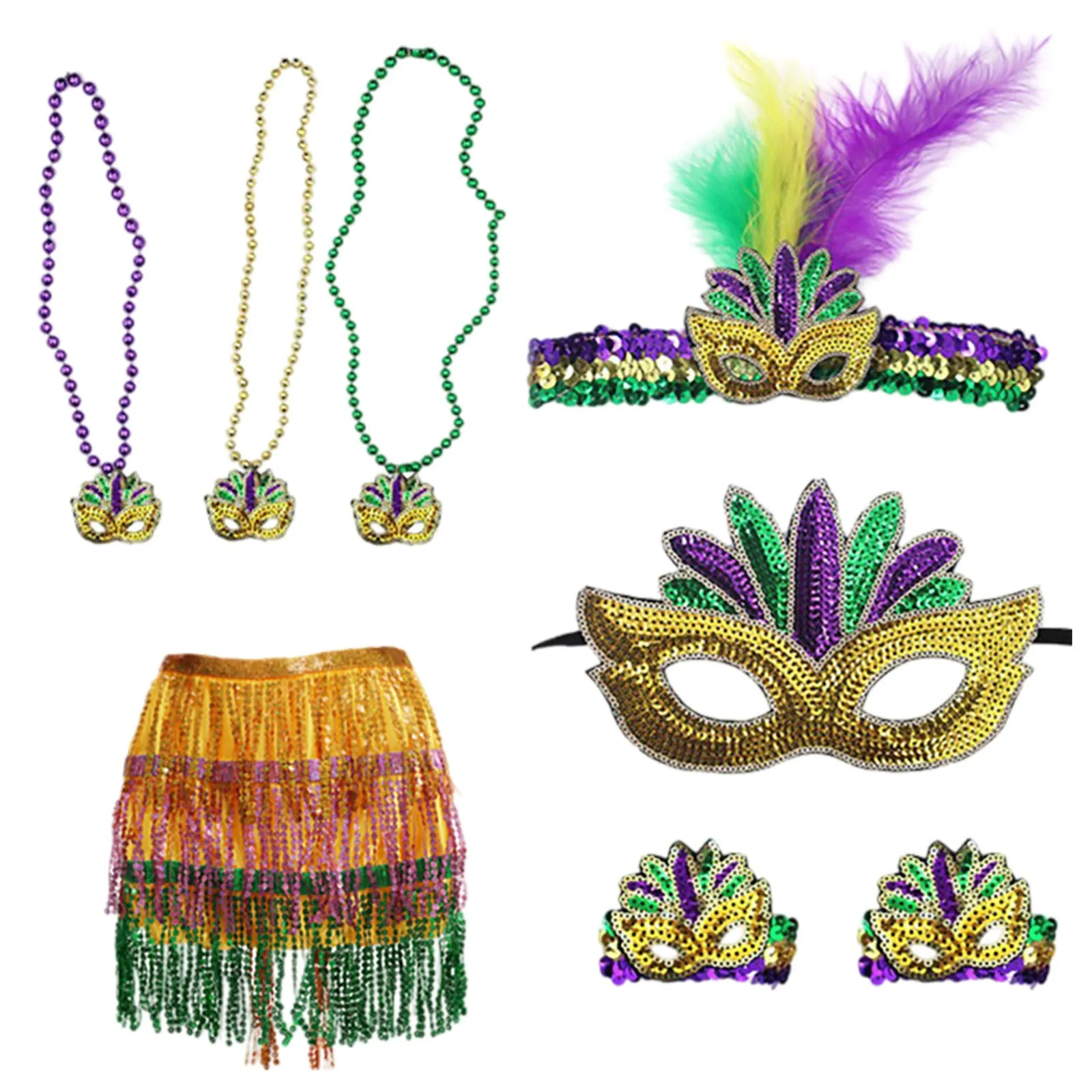 Mardi Gras Headband Mask 2025 Tricolour Beads Bracelet Sequins Dress Set Pom Pom Sequins Dress Feather Tricolour Headpiece