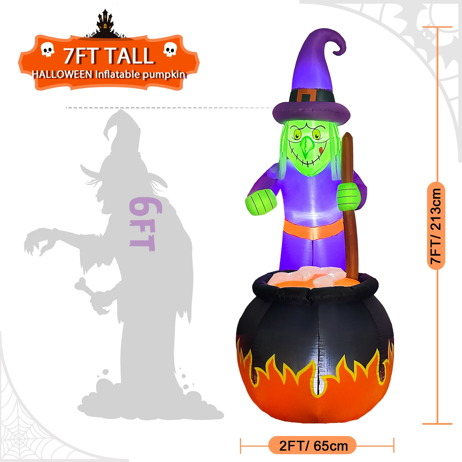 OurWarm 7ft Halloween Inflatable Witch Ghost with Build-in LED Lights Halloween Decorations Outdoor Inflatable for Lawn Decor