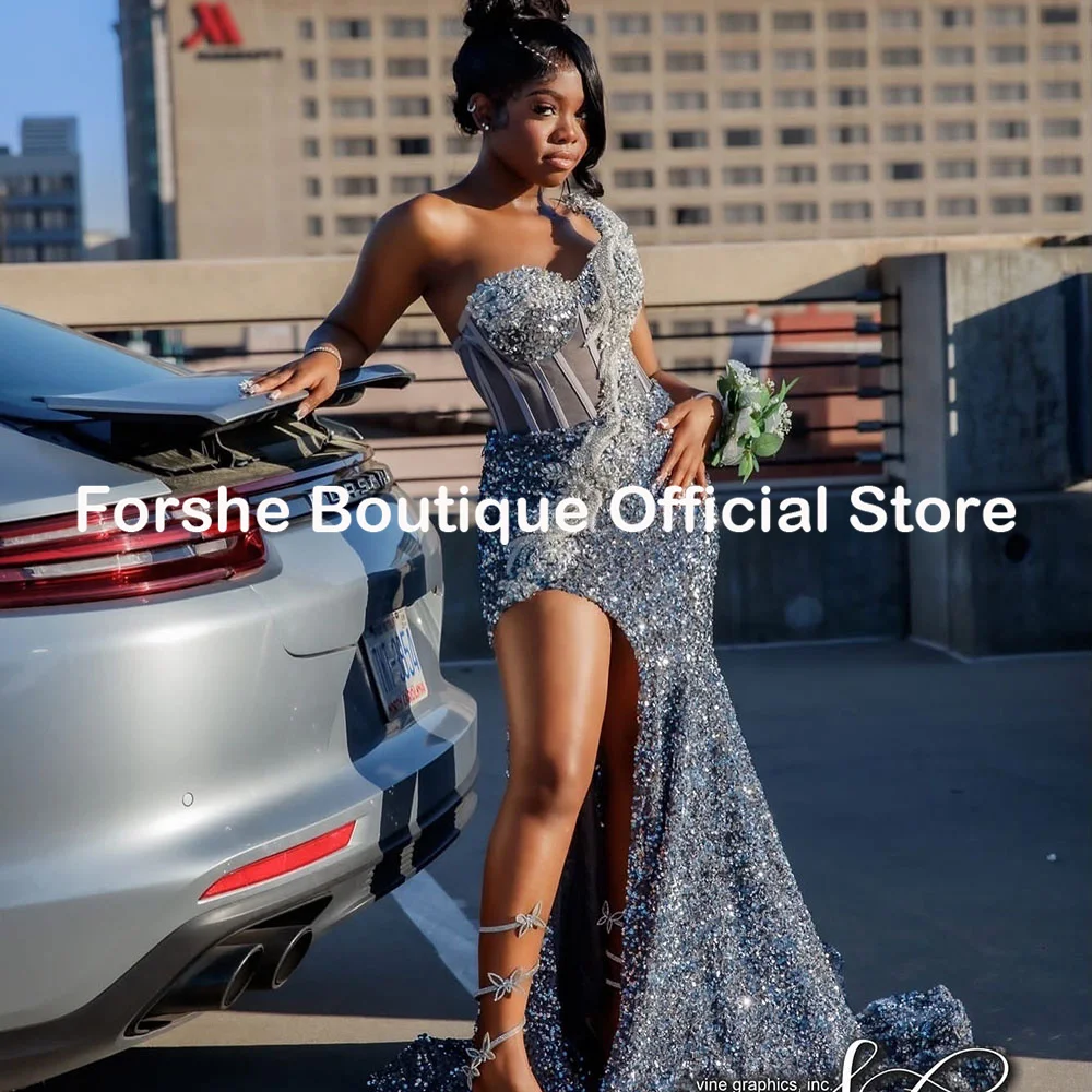 Giltter Gray Mermaid Prom Dresses Sequins Rhinestone Slit Gala Cocktail Party Dress Vestidos De Fiesta Customized