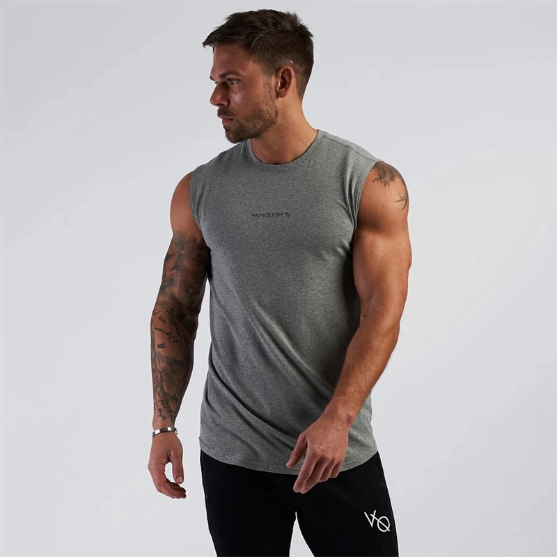 Summer cotton men\'s top Wide shoulder casual men\'s vest Jogger round neck sleeveless fitness workout activewear