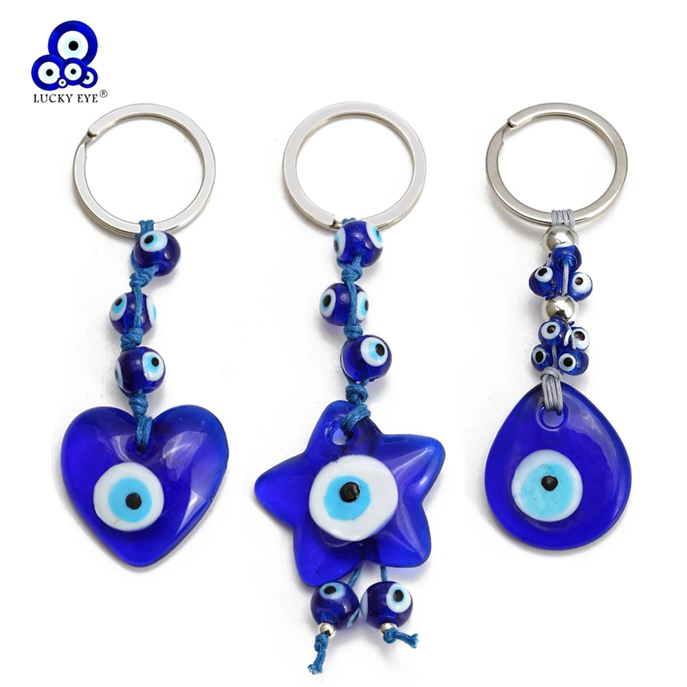 Lucky Eye Glass Heart Star Water Drop Pendant Keychain Blue Turkish Evil Eye Key Chain Bag Car Keyring for Women Men Jewelry