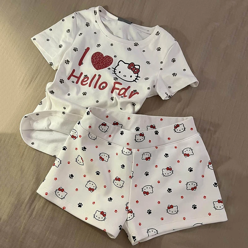 

Kawaii Hello Kitty Summer Pajamas Women 2025 Sweet Lazy Cute Print Short-Sleeved Shorts Homewear Suit Sweet Girl Homewear Suit