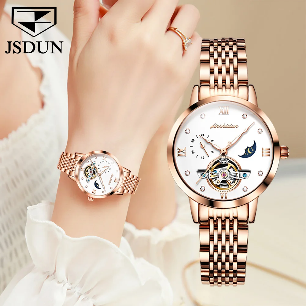 JSDUN Original Self-winding Women's Watch Elegant Skeleton Moon Phase Waterproof Stainless Steel Strap Automatic Watch for Women