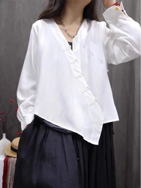 جديد الصينية Sle فضفاض عارضة القطن الكتان irt المرأة طويلة Sve زر حتى الخامس Ne أعلى تنفس ملابس الخريف مريحة #2