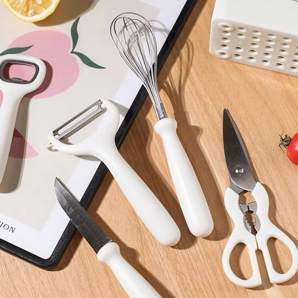 Household Multifunction Kitchen Gadget Set 6 Pieces Stainless Steel White Scissors Egg Beater Combination Set With Storage Box