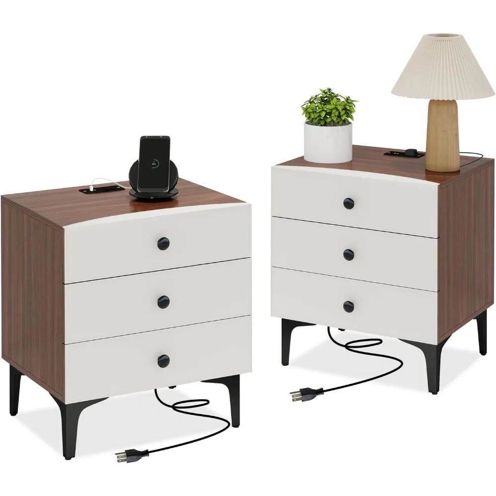 

Nightstand Set of 2 with Charging Station, 20 Inch Wide End Table with 3 Large Drawers, Wood Side Table with Leather Surface