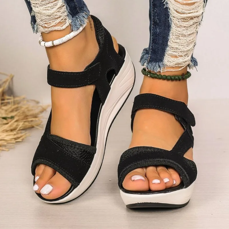 Sandals Women\'s Summer New Middle Heel Muffin Wedge Heel Fish Mouth Heel Women\'s Sandals Platform Black Hollow Sandalias Mujer