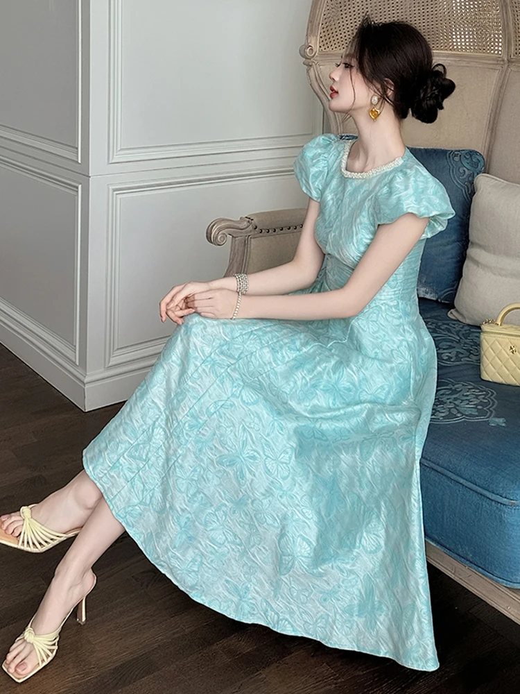 Frauen Kleidung Kleid Abend Süße Jacquard Kurzarm Korsett Schlank A-Line Lange Kleid Elegante Party Prom Vestidos Robe Sommer Neue