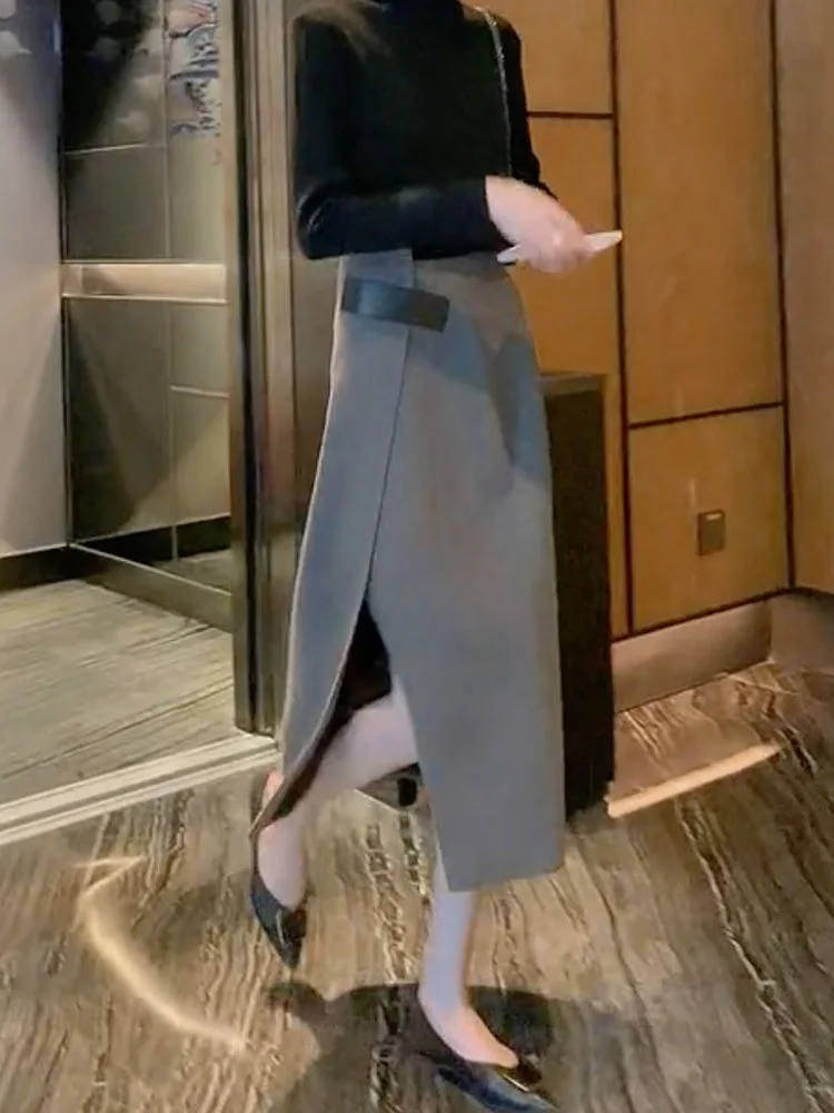 

Элегантная асимметричная длинная юбка с высокой талией и разрезом, винтажный дизайн, большие размеры, женская мода, осень-зима, новинка