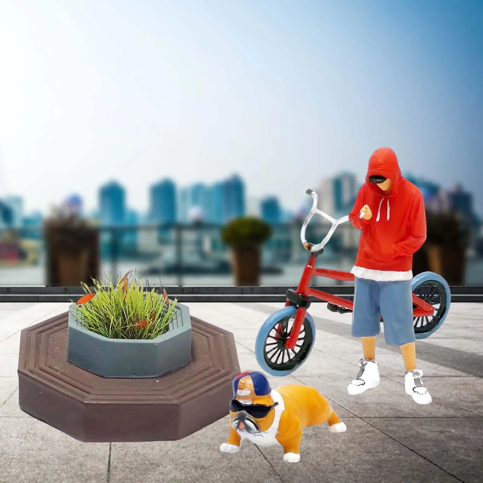 4 Pieces 1:64 Scale People Model Boy Figure with Flowerbed, Bicycle and Dog Miniature Layout Scenario Sand Table DIY Project