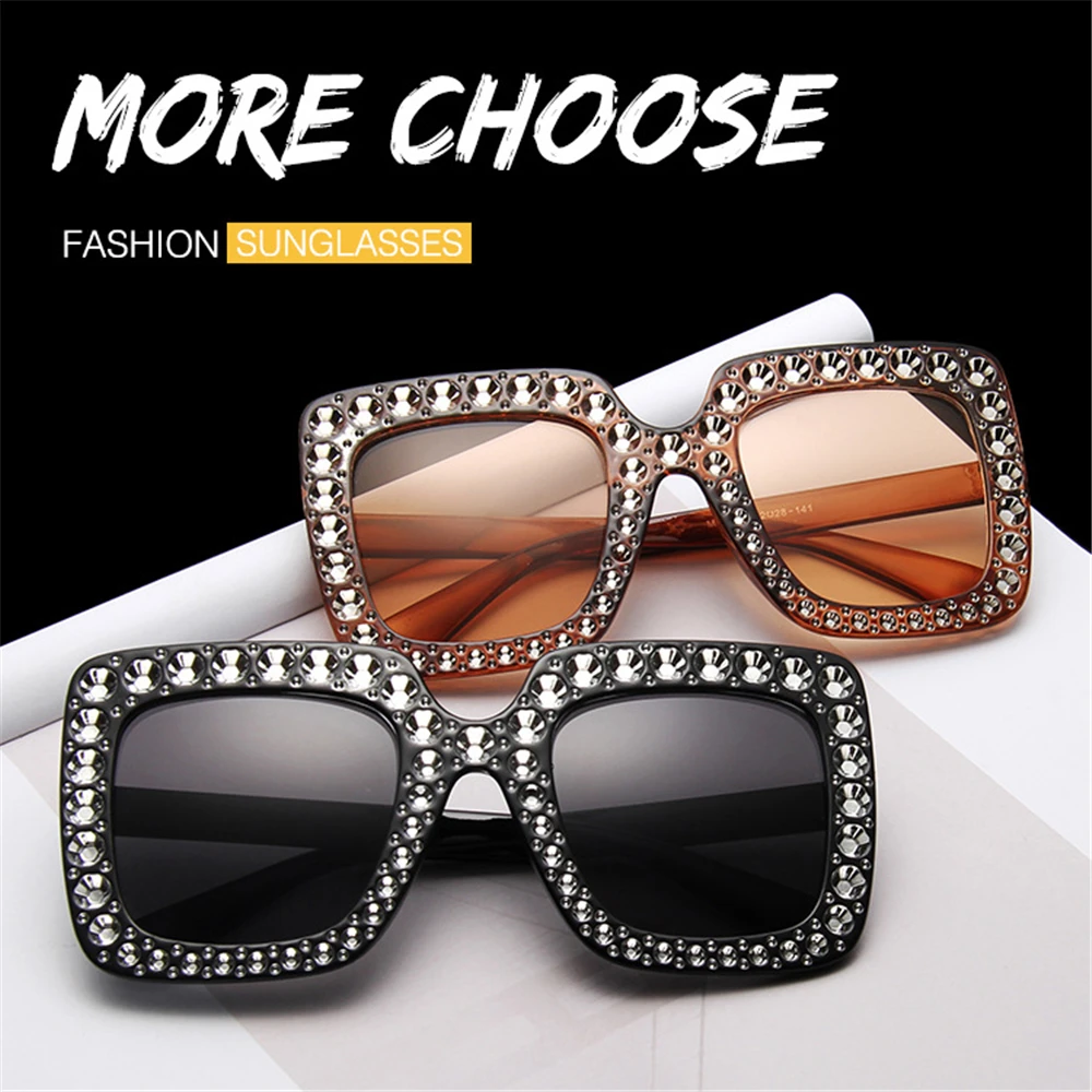Fashion V400 Crystal Sun Glasses Eyewear Square Sunglasses Oversized Sunglasses